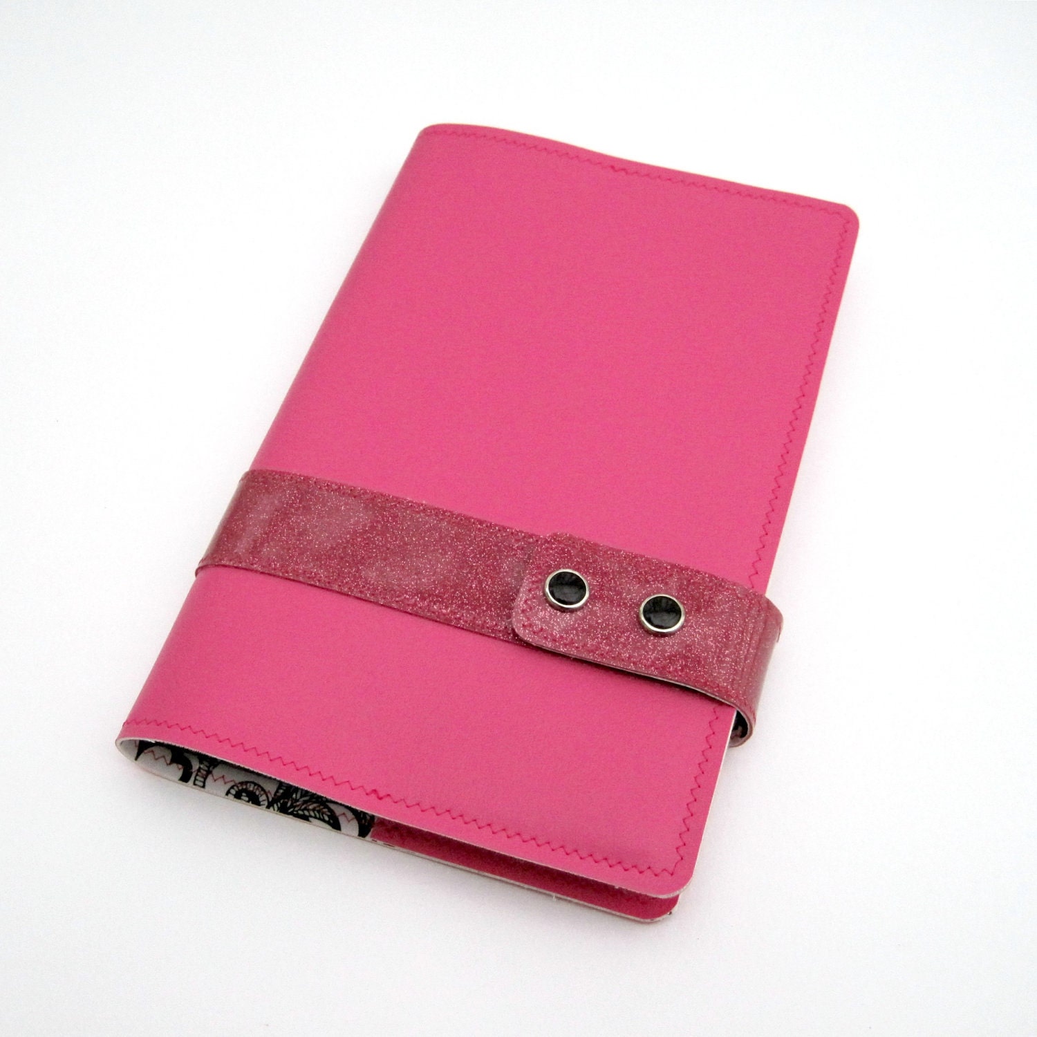 Vinyl Moleskine Cover with Racing Stripe, bright pink and raspberry pink vinyl / black toile oilcloth, fits LARGE CLASSIC NOTEBOOK