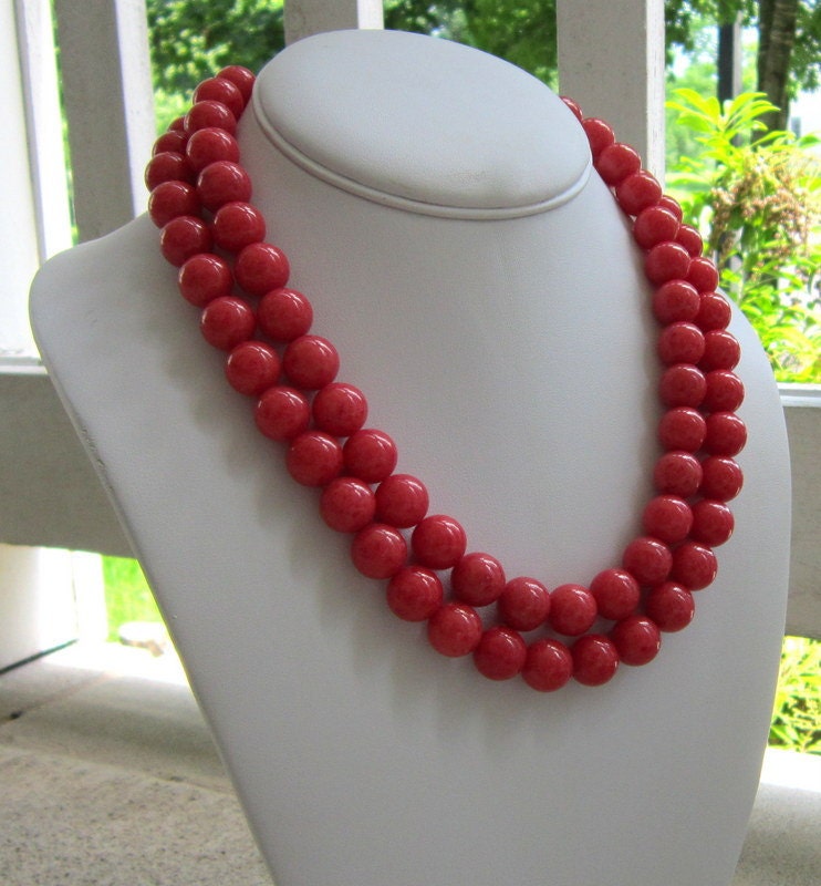 Chunky Necklace Coral Statement with Large Beads, Double Serendipity
