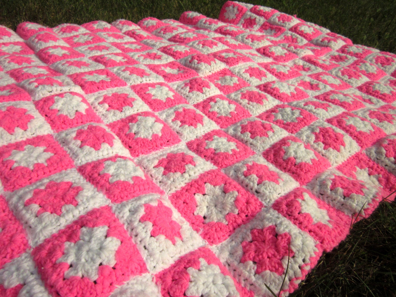 Neon Pink and White Boho Summer Granny Square Crochet Retro Handmade Blanket Wrap