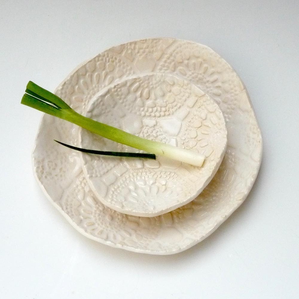White Lace Serving set- handmade pottery English Cottage Style