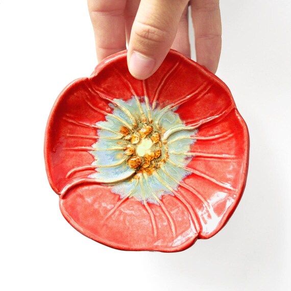 Ceramic Poppy tea bag holder, spoon rest, ring holder tray handmade Red and Ice Crystal Blue