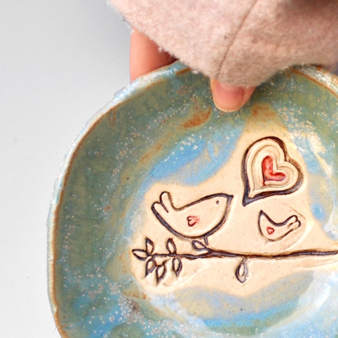 Ceramic Bird bowl mama or daddy and baby bird Mothers Day gift Blue glaze handbuilt pottery Flock of Love