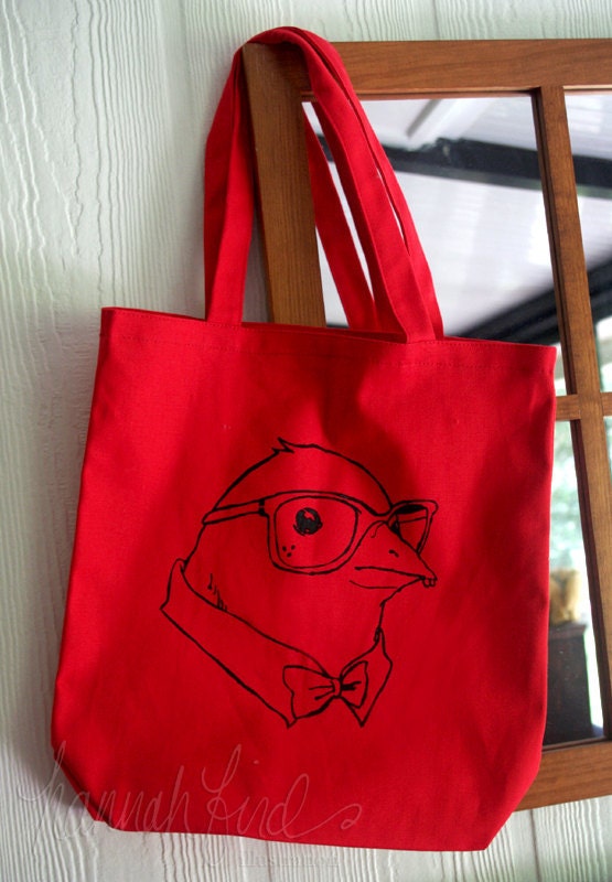 Nerd Bird Hand Printed Cotton Tote Bag - Red