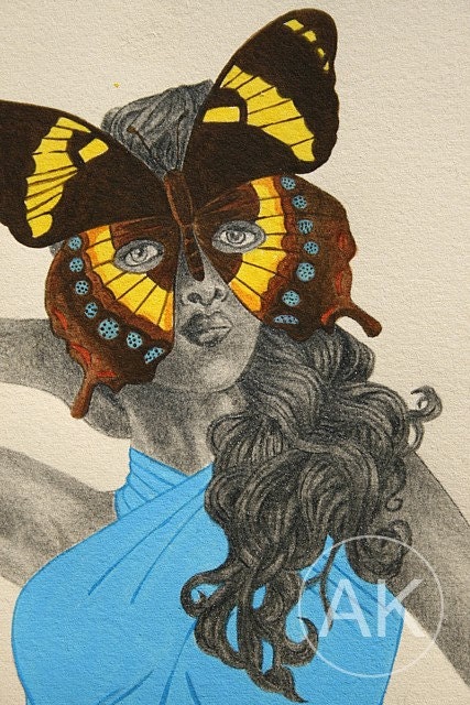 RESERVED FOR A.B., Fashion illustration, Acrylic painting, Jamaican swallowtail animal mask, 12" x 16"