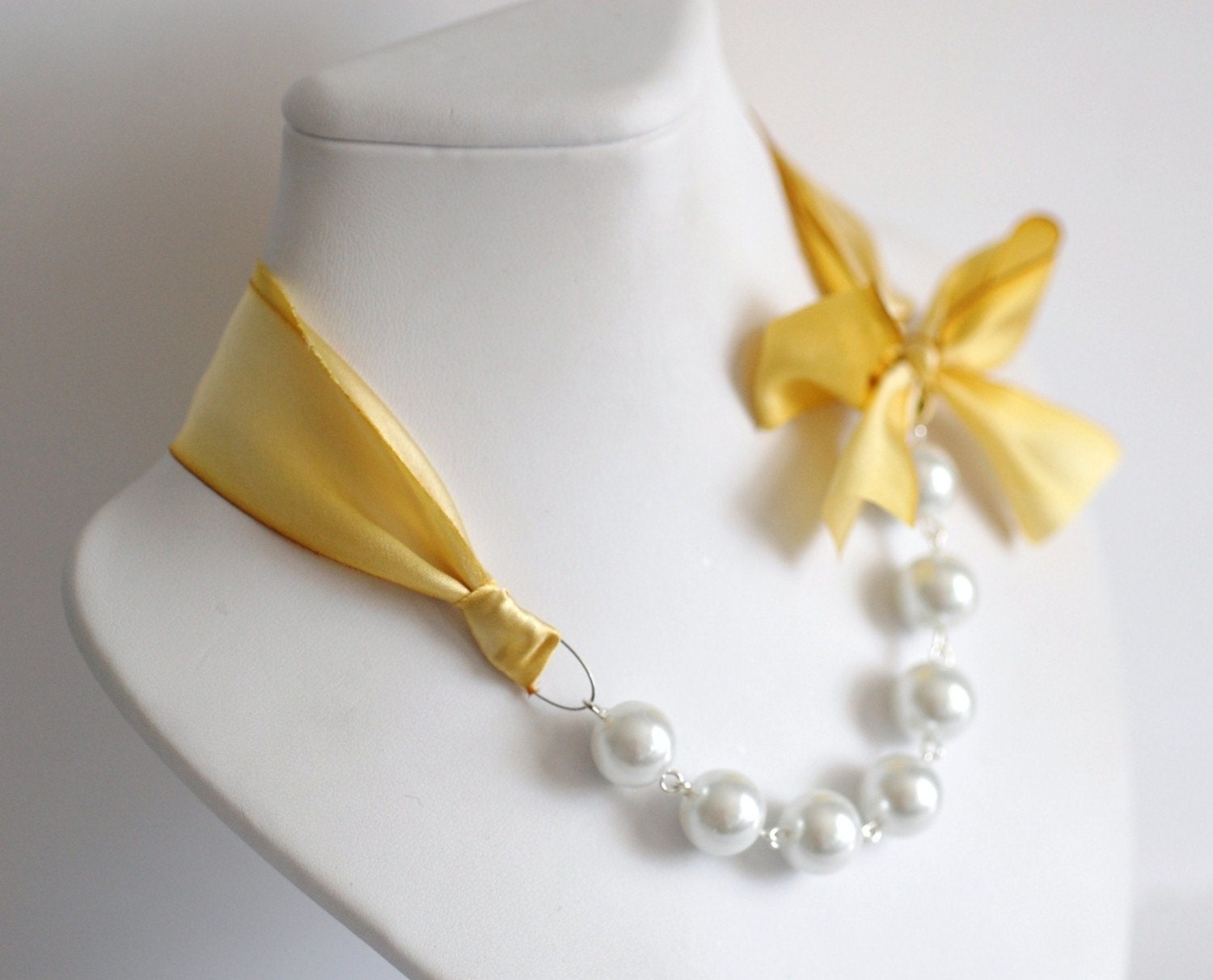 The Original Carrie Necklace in Sunny, a romantic yellow ribbon and pearl bridesmaid necklace