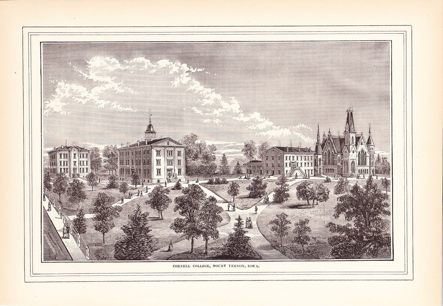 1883 Architectural Print - Cornell College Mount Vernon Iowa - Antique Art Illustration 100 Years Old
