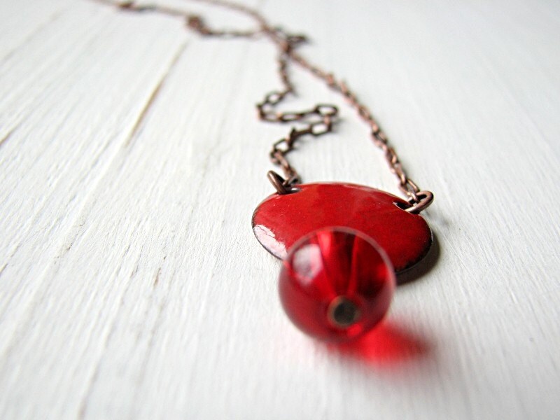 Red Berry Necklace - Enamel On Copper, Red Glass Bead