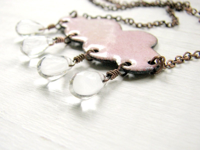 Pink Cloud Necklace - Enamel On Copper, Glass Raindrops