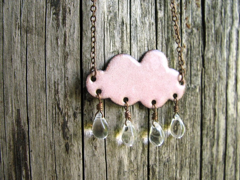 Pink Cloud Necklace - Enamel On Copper, Glass Raindrops