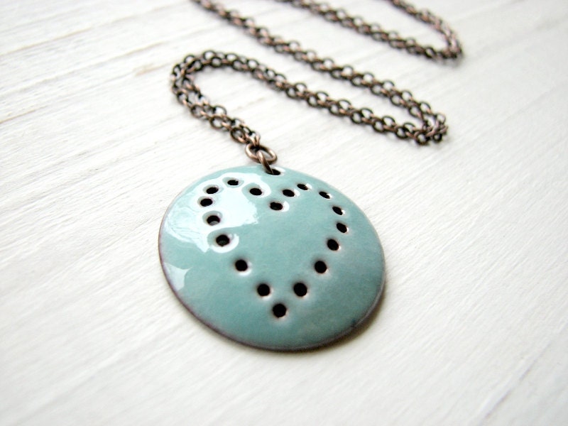 Turquoise Blue Heart Necklace - Enamel On Copper