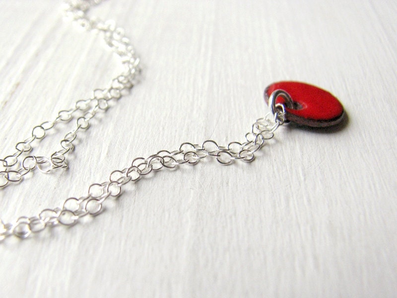 Dainty Enamel Necklace, Sterling Silver And Copper - Tiny Red Dot