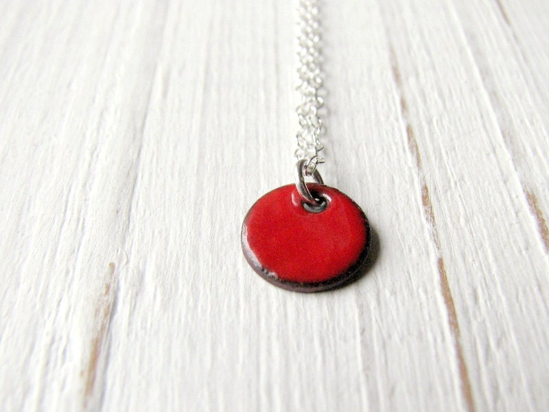 Dainty Enamel Necklace, Sterling Silver And Copper - Tiny Red Dot