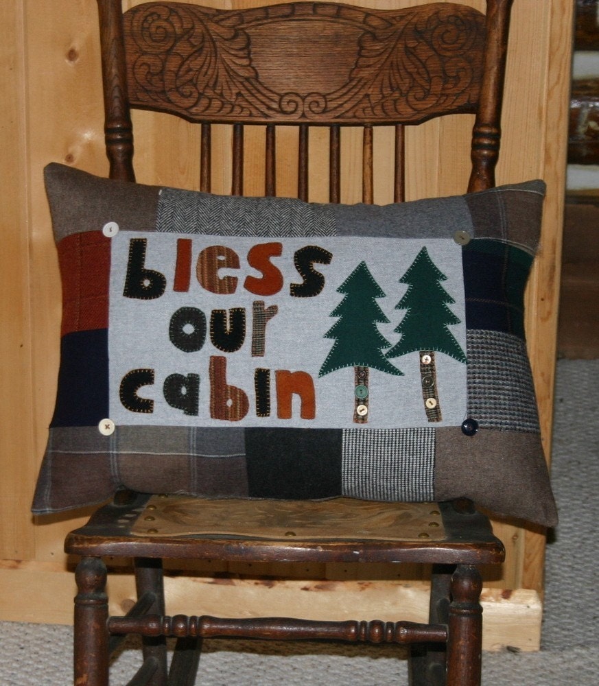Wool Cabin Pillow Lodge Cabin Decor Bless our Cabin Upcycled Lodge Lakehouse