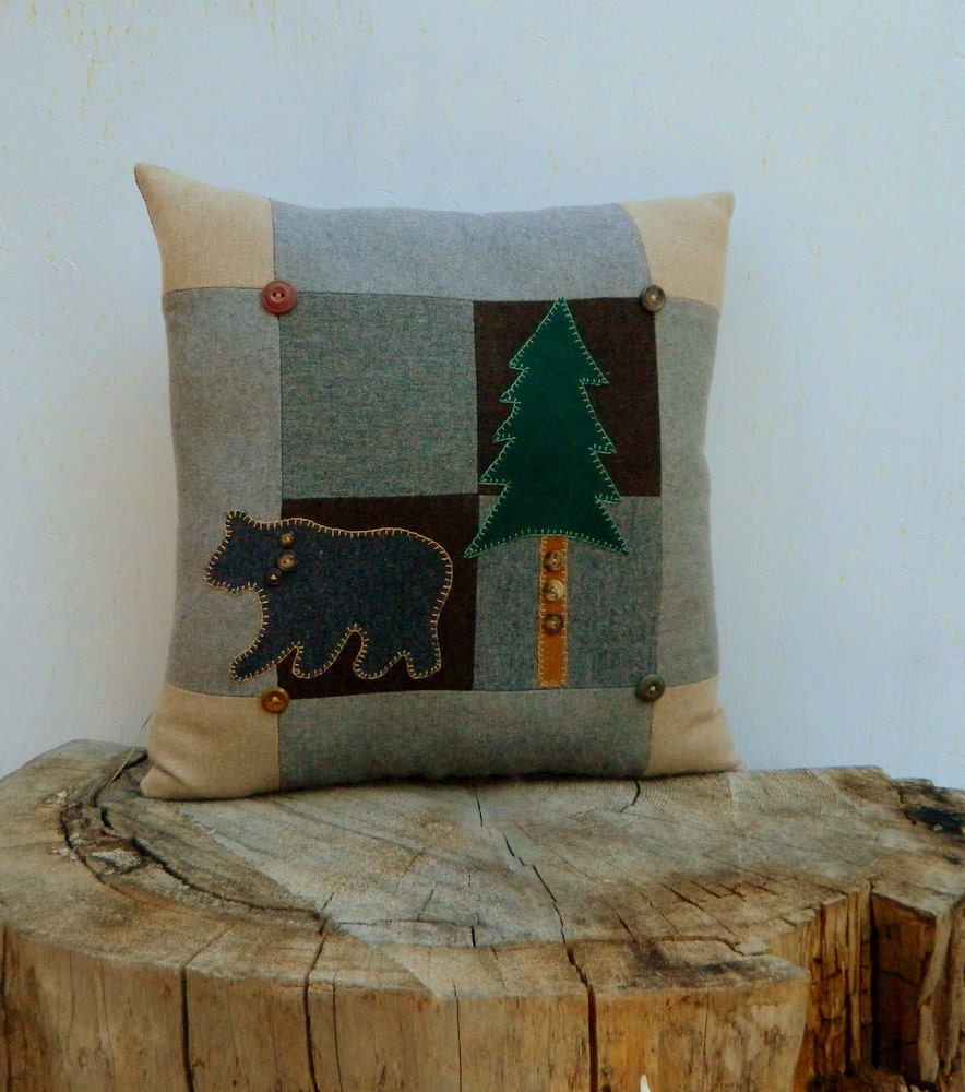 Wool Bear Pillow Lodge Cabin Tree Patchwork Upcycled