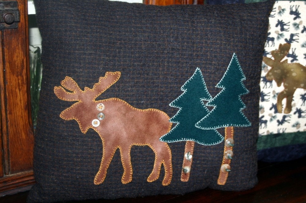 Moose Pillow Lodge Decor Upcycled Wool Moose Pine Trees Decorative Accent