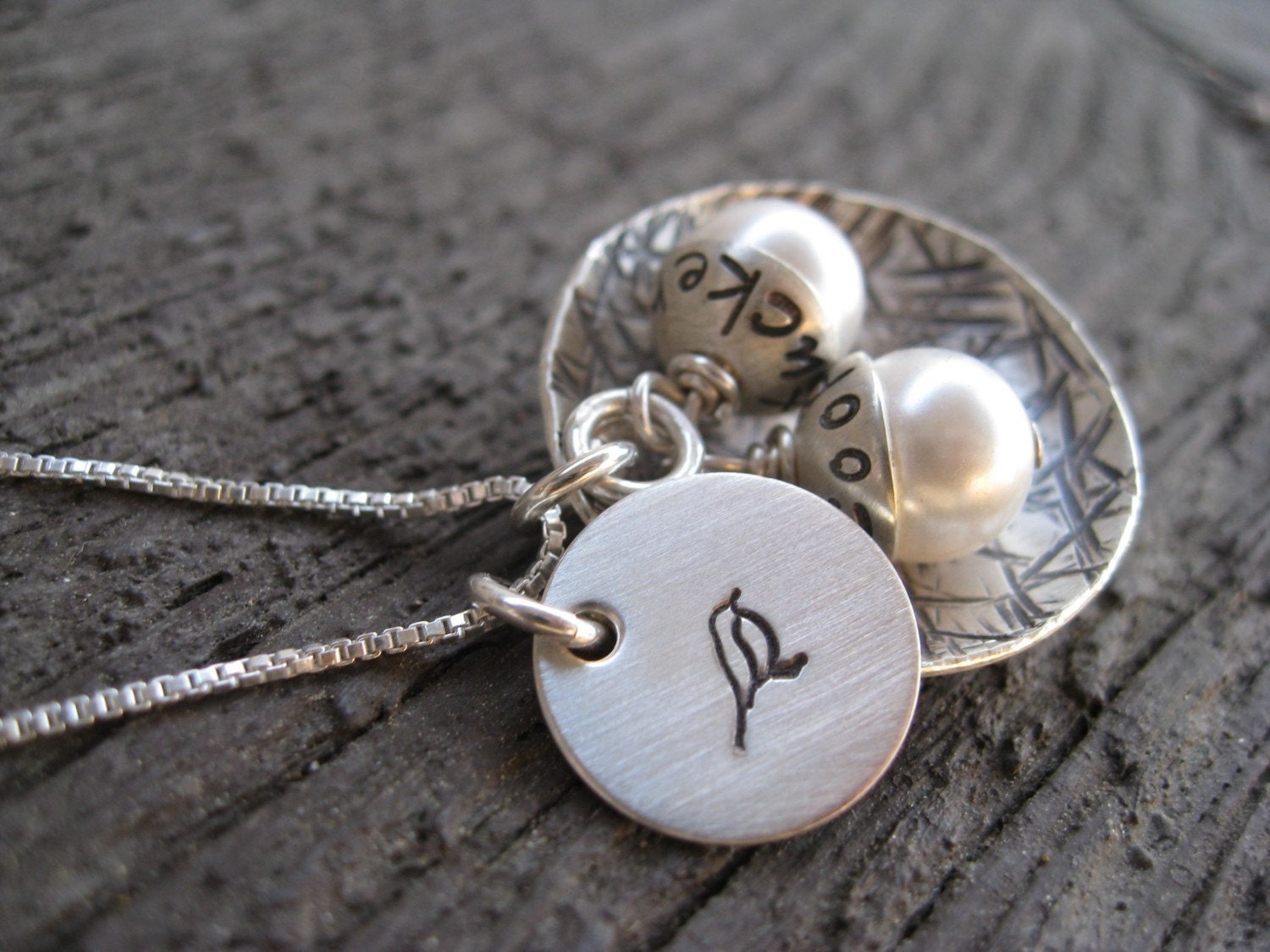 Mama Bird Nest Hand Stamped Sterling Silver Necklace (Personalized  Eggs)