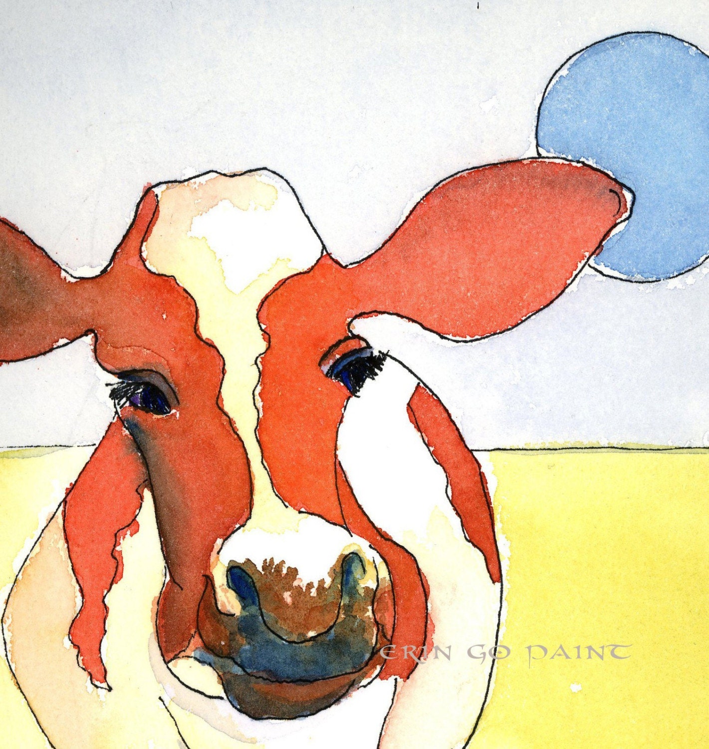 Cow Print 5x7 from my original watercolor painting Contemplating the Blue Moon