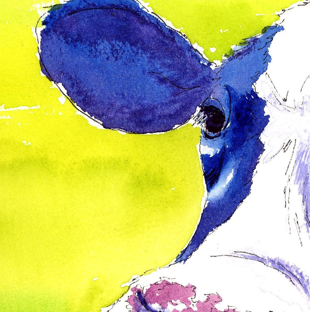 Print - Cow Portrait with mat, How Now... Cobalt Cow