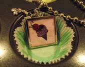 Sweet Icecream Glitter Large and Chunky Glass Pendant- comes on a 18in 6mm Ball chain with cake and cherry charm- READY TO SHIP