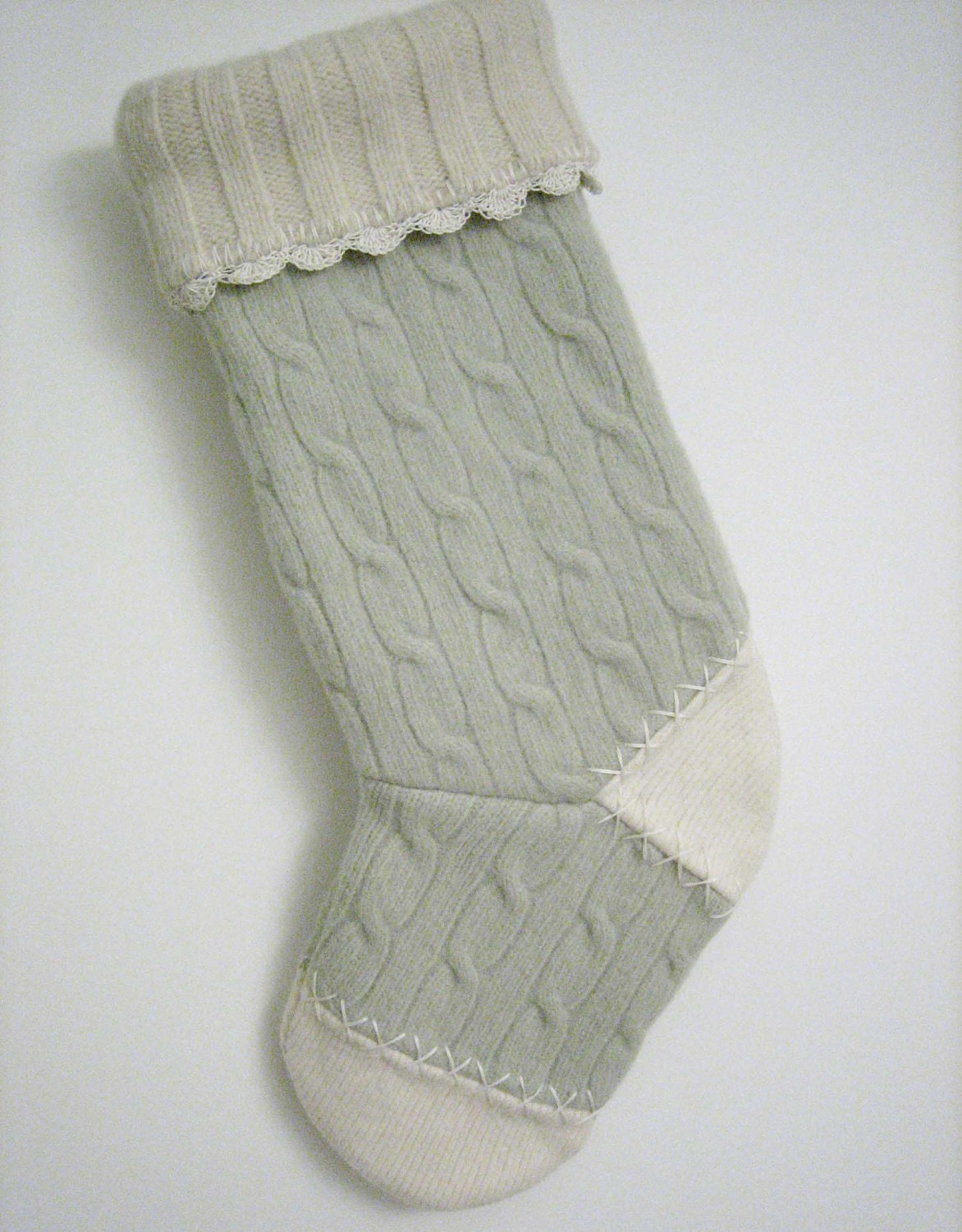 Light Green Cable Knit Christmas Stocking Handmade from Felted Wool Sweaters