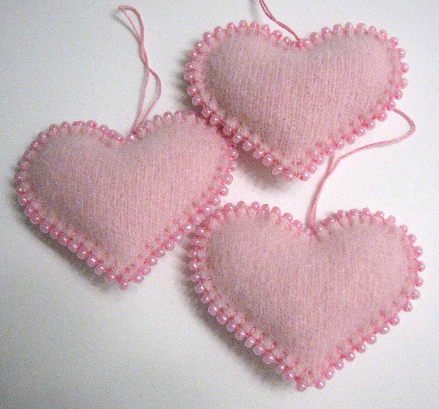 Light Pink Beaded Heart Valentines Day Ornaments Handmade from Felted Wool Sweaters (no.270)