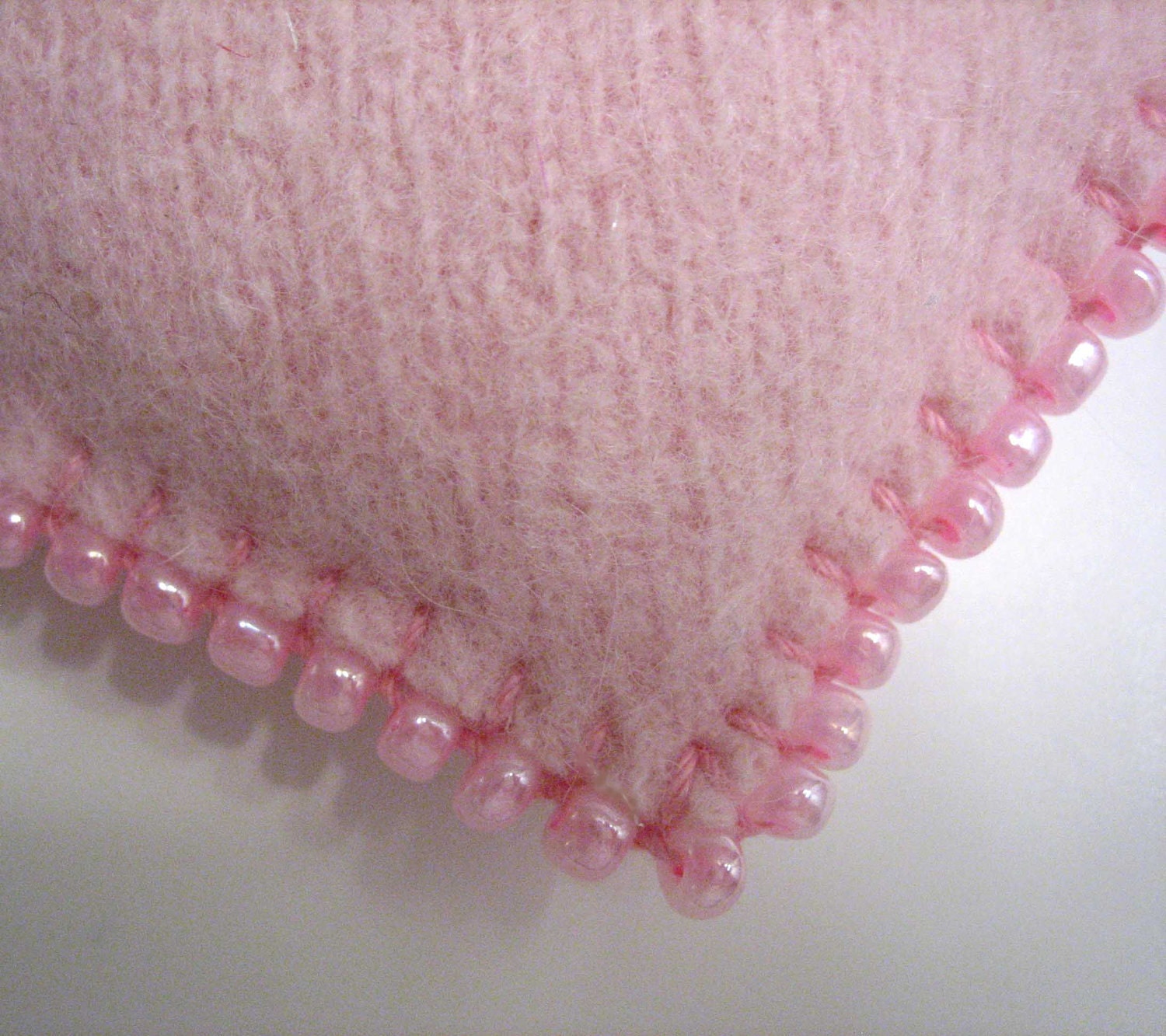 Light Pink Beaded Heart Valentines Day Ornaments Handmade from Felted Wool Sweaters (no.270)