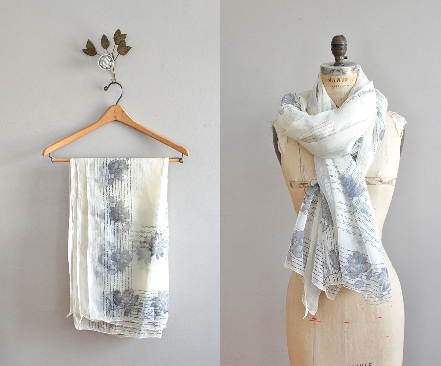 vintage scarf / silk scarf / sheer gray floral scarf