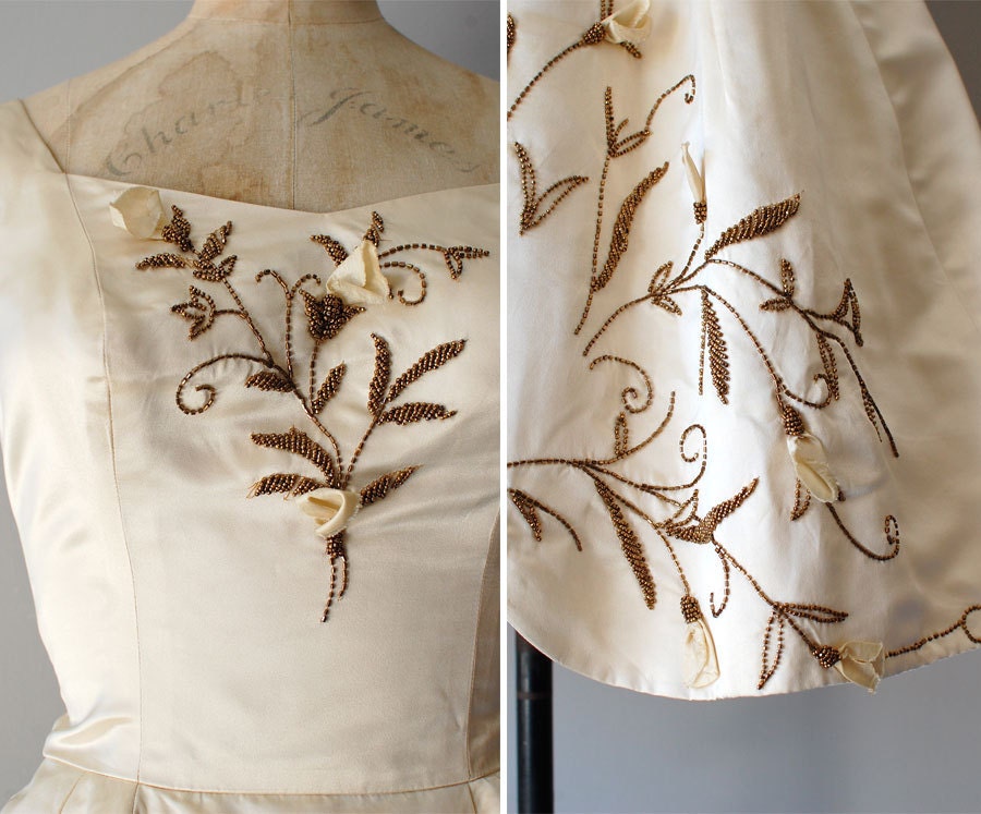 1950s wedding dress / silk 50s dress / beaded wedding dress / An Impossible Dream