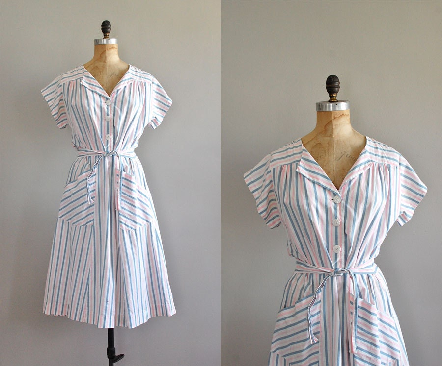 1940s dress / 40s dress / Bedsheet Stripes dress