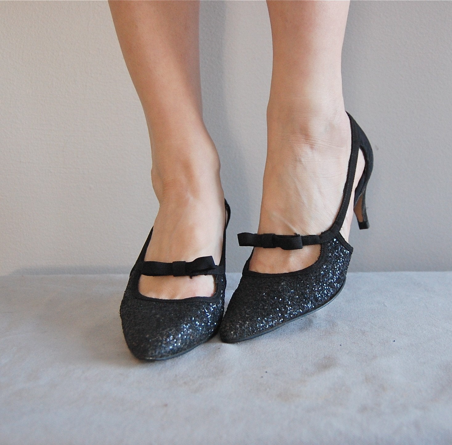 vintage 1950s Black Glitter kitten heels by DearGolden on Etsy