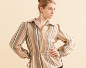 60s NOS / Brown Boho Drawstring Blouse / Vertical Stripes / Neutral Toned