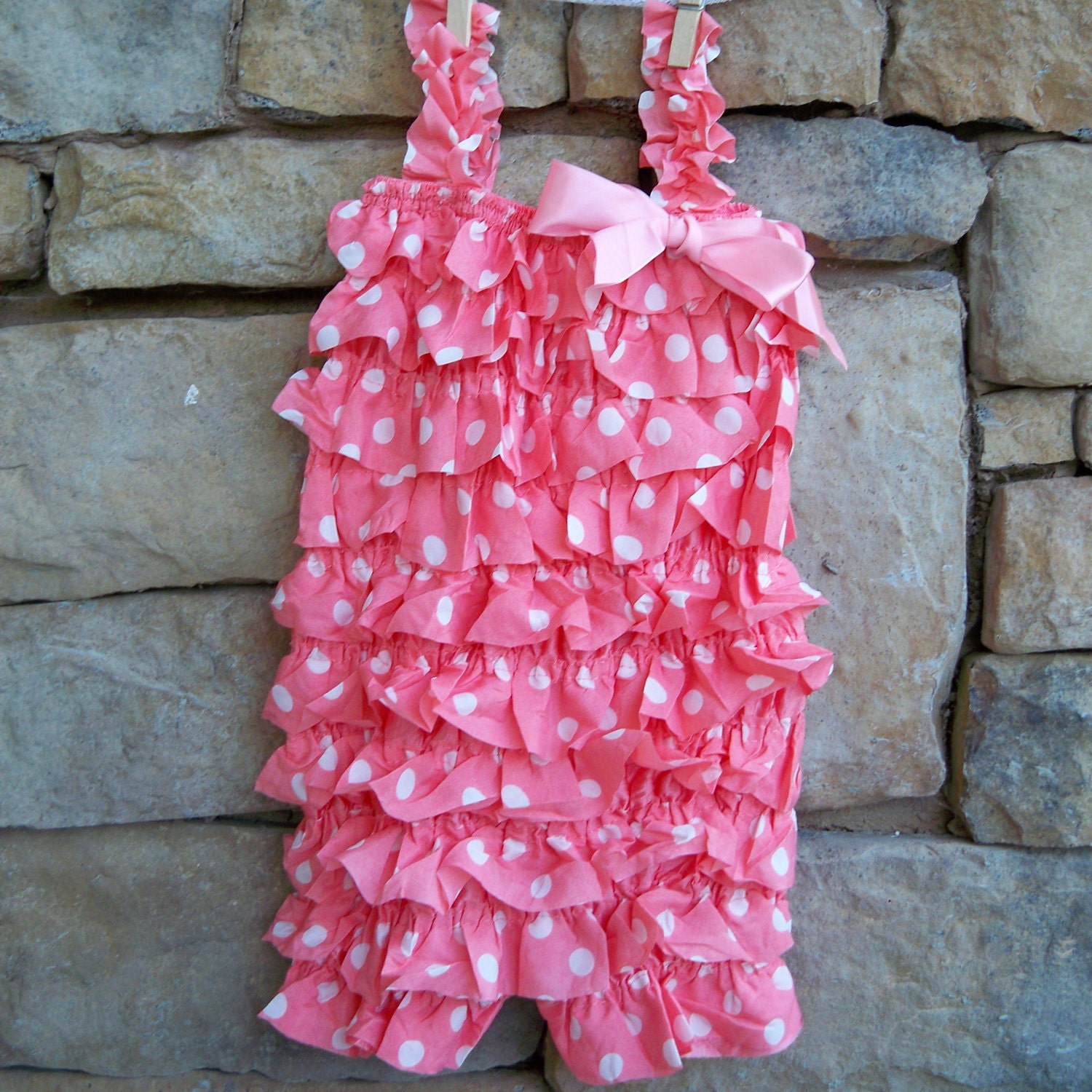 Petti Satin Ruffle Romper CORAL & WHITE Polkadot with Straps Large