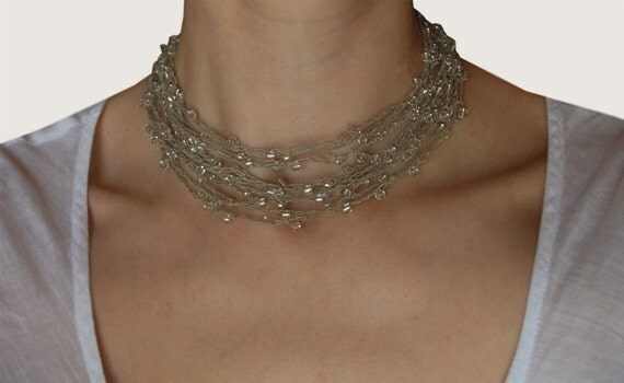 Linen Thread Silver Glass Beaded Necklace. MARIZ. Headband. Bracelet.