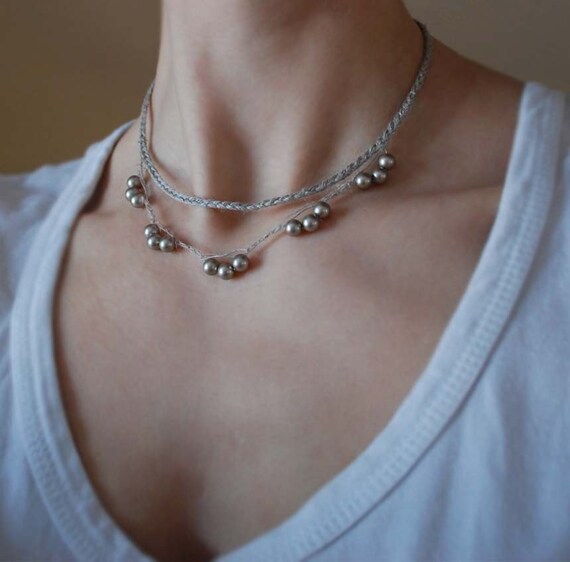 Linen Necklace . Sibilla .Bronze Swarovski pearls.