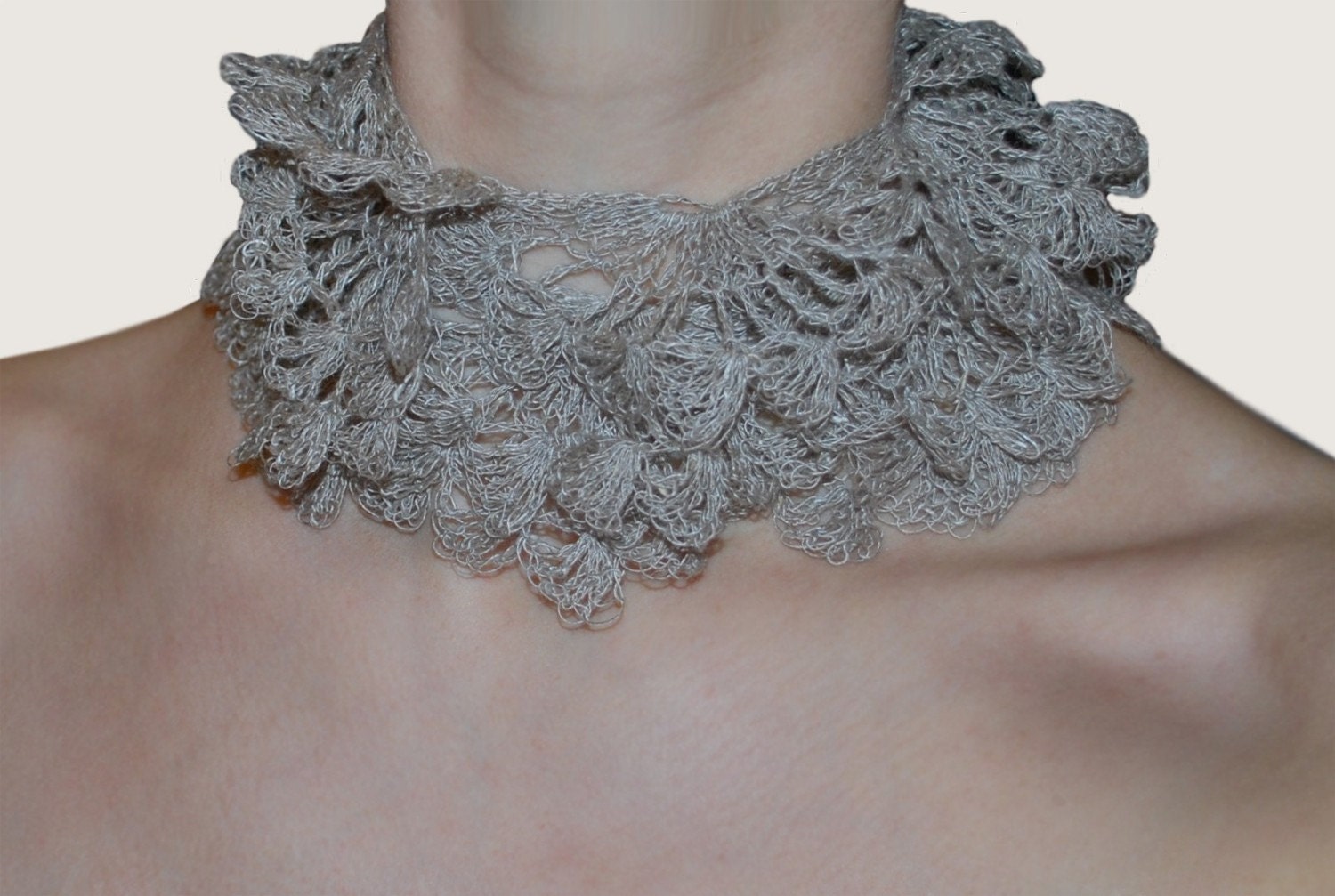 Extra Delicate Lace Crochet Linen Lariat.  GRACE.  Natural Grey.