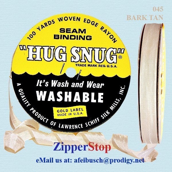 Hug Snug Seam Binding 100-yds Roll 1/2inch Wide Hug Snug - 045 - BARK TAN - 100 percentage Woven-edge Rayon - Wash 'n Wear - made in USA