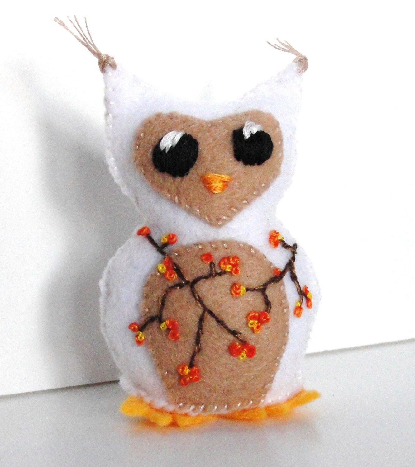 felt owl- stuffed Autumn-Winter wee feltie owlet in white and tan with bittersweet branches