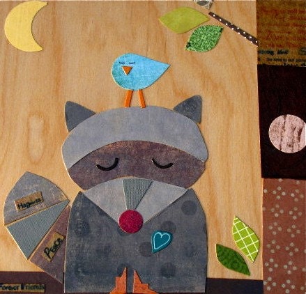 Large Collage - Raccoon and Bluebird  - eco-friendly - by Maple Shade Kids