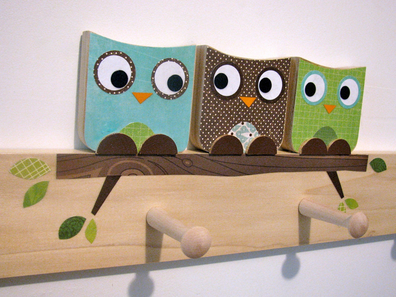 Owl Friends Peg Rack - Blue, Brown and Green - eco-friendly- by Maple Shade Kids