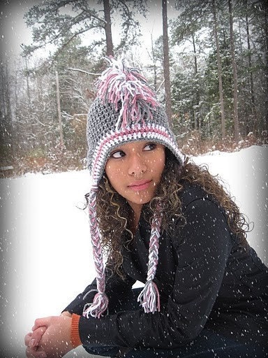 Grey, White and Pink Mohawk hat with Earflaps  -  Teen /Adult