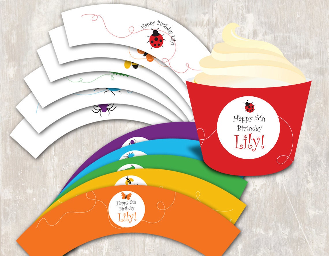 Rainbow of Bugs Birthday Party Cupcake Wraps (set of 12) PRINT & SHIP Il_570xn