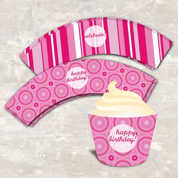 PRINT & SHIP PInk Polka Dot Birthday Party Cupcake Wraps (set of 12) Il_570xn