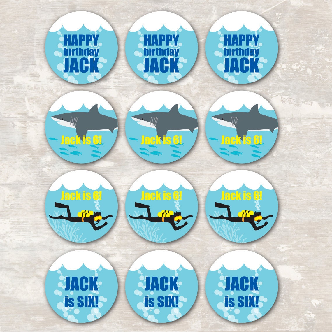 PRINT & SHIP Shark and Scuba Birthday Party Cupcake Toppers (set of 12)