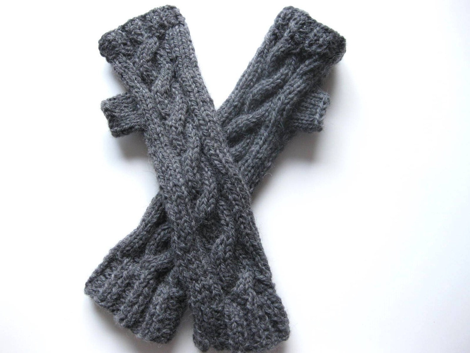 Hand knit pewter grey fingerless texting gloves with 3" cuff - cables - chunky wool - teens - women - ready to ship