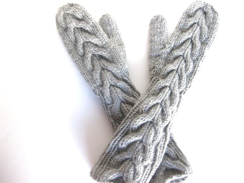 Hand knit - handmade bella twilight  elbow length mittens - light grey pure chunky wool - ready to ship
