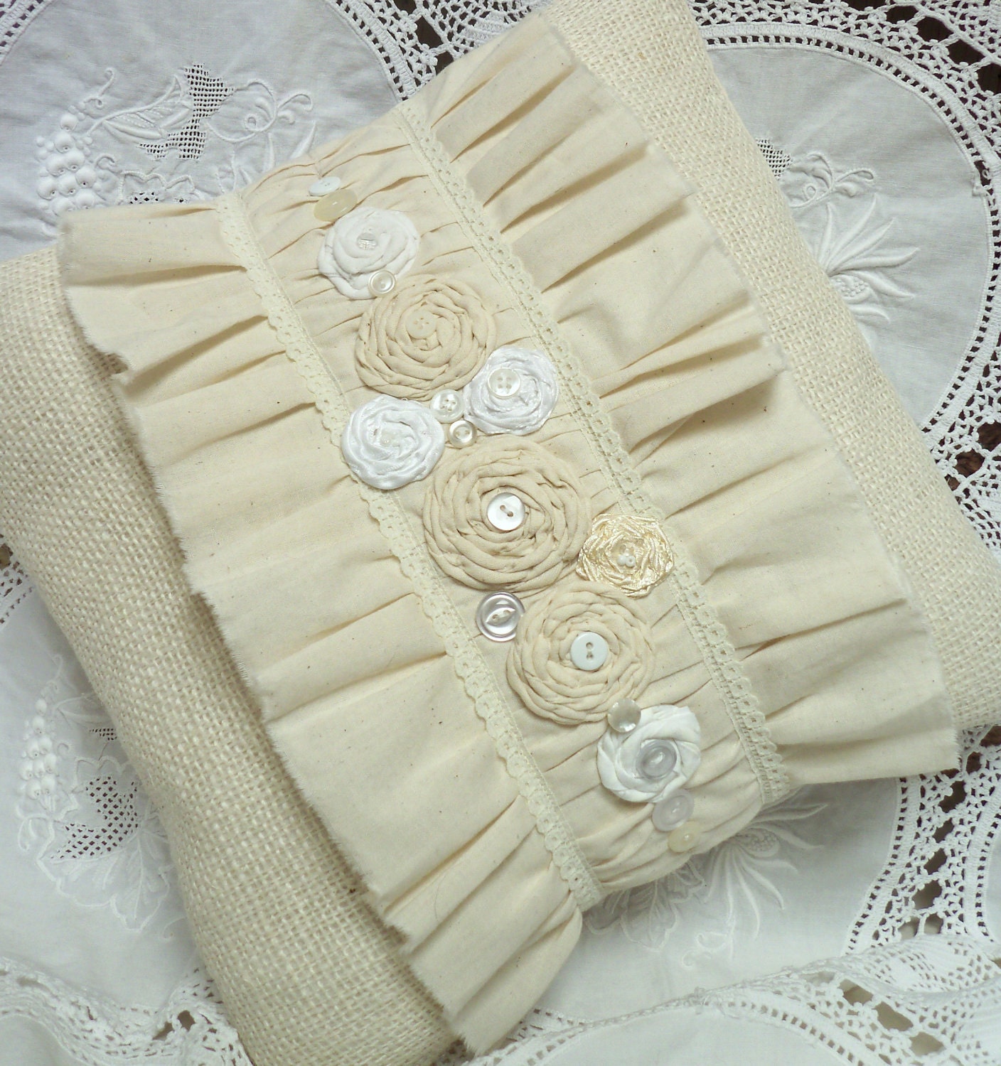 12" square-OFF WHITE Burlap and Muslin Pillow Cover. Sweet simplicity.  Shabby Chic Ruffles, Rosettes, Buttons, Lace and Beads.