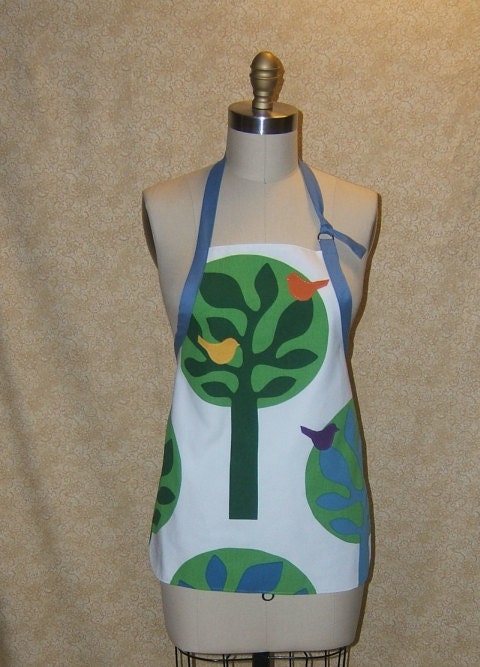 Apron Birds of a Feather Childs Adjustable  Apron Ikea Print fabric Trees put a bird on it cotton canvas white cover up