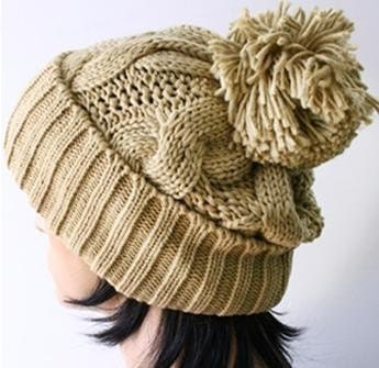 Prety hand knitted khaki beanie wool hat with pompom