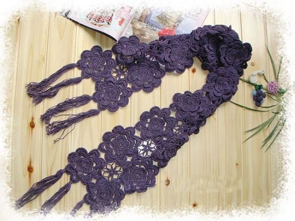 Hand-crochet double line purple peony flower wool scarf