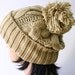 Prety hand knitted khaki beanie wool hat with pompom